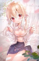 Rule 34 | 1girl, amedamacon, bad id, bad twitter id, blonde hair, blouse, blue skirt, blurry, blurry background, blurry foreground, blush, bow, bow bra, bra, breasts, closed mouth, collared shirt, commentary request, curtains, depth of field, dress shirt, frilled bra, frills, hair between eyes, hair bow, hands up, head tilt, indoors, long hair, long sleeves, looking at viewer, low twintails, medium breasts, navel, neck ribbon, original, petals, pink bow, pink ribbon, pleated skirt, red eyes, ribbon, shirt, skirt, smile, solo, transparent, twintails, underwear, white bra, white shirt
