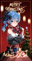 Rule 34 | 1girl, 2021, asymmetrical hair, beret, black choker, black gloves, blue bow, blue eyes, blue hair, blue ribbon, blush, bow, bracelet, character name, choker, christmas, christmas ornaments, christmas present, christmas tree, closed mouth, cowboy shot, dated, dress, earrings, english text, gift, gloves, gradient background, grey hat, grey jacket, grey shirt, hair between eyes, hair bow, hair ribbon, half updo, hat, highres, holding, holding gift, hololive, hoshimachi suisei, jacket, jewelry, light particles, long sleeves, looking at viewer, medium hair, merry christmas, necktie, partially fingerless gloves, plaid, plaid headwear, plaid jacket, plaid shirt, ponytail, red background, red dress, red skirt, ribbon, shirt, short necktie, side ponytail, skirt, smile, solo, star-shaped pupils, star (symbol), star in eye, striped bow, striped ribbon, symbol-shaped pupils, symbol in eye, tilted headwear, virtual youtuber, yedeul