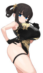 Rule 34 | 1girl, armpits, black dress, black gloves, black hair, blue eyes, breasts, brown eyes, brown hair, china dress, chinese clothes, closed mouth, dress, from below, gloves, hair rings, hand on own hip, highres, large breasts, long hair, looking at viewer, omizu (h2o), original, smile, solo, standing, thick thighs, thighs