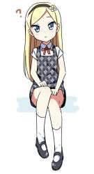 Rule 34 | 1girl, :o, ?, argyle, argyle clothes, argyle dress, bare arms, black footwear, blonde hair, blue eyes, blush, collared shirt, commentary request, dress, flower, grey dress, hair flower, hair ornament, hairband, hands on legs, hatsunatsu, head tilt, long hair, looking at viewer, mary janes, neck ribbon, original, parted lips, red ribbon, ribbon, shirt, shoes, short sleeves, sitting, socks, solo, undershirt, white shirt, white socks, wing collar