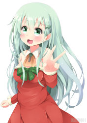 Rule 34 | 10s, 1girl, blush, bow, breasts, christmas tree hair ornament, green bow, green eyes, green hair, hair ornament, ikazu401, kantai collection, large breasts, long hair, long sleeves, looking at viewer, open mouth, santa costume, smile, solo, suzuya (kancolle), v