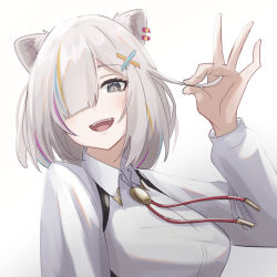 Rule 34 | 1girl, animal ears, blonde hair, blue hair, blush, bob-the-bison, breasts, collared shirt, commentary, dress shirt, ear piercing, eyelashes, fangs, gradient background, grey background, grey eyes, hair between eyes, hair ornament, hair over one eye, holding, holding own hair, hololive, jewelry, light blue hair, lion ears, long sleeves, looking at viewer, medium breasts, multicolored hair, official alternate costume, official alternate hairstyle, open mouth, pendant, piercing, purple hair, shirt, shishiro botan, shishiro botan (button-down), short hair, silver hair, simple background, smile, solo, streaked hair, teeth, upper body, upper teeth only, virtual youtuber, white background, white shirt, wing collar, x hair ornament