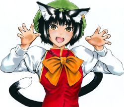 Rule 34 | 1girl, akuroporisu, animal ears, black hair, cat ears, cat tail, chen, claw pose, commentary request, earrings, fang, fingernails, green hat, hands up, hat, jewelry, juliet sleeves, long sleeves, looking at viewer, mob cap, multiple tails, neck ribbon, open mouth, orange ribbon, puffy sleeves, red vest, ribbon, shirt, short hair, simple background, slit pupils, solo, tail, touhou, turtleneck, two tails, upper body, vest, white background, white shirt, yellow eyes