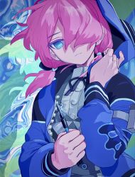 Rule 34 | 1girl, arknights, arm strap, black ribbon, blue eyes, blue jacket, blue poison (arknights), commentary, dart, hair over one eye, holding dart, hood, hood up, hooded jacket, jacket, long sleeves, low twintails, matsuba (mtbsbr721), neck ribbon, pink hair, ribbon, shirt, solo, twintails, white shirt