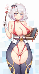 Rule 34 | 1girl, areola slip, bare shoulders, blue eyes, blush, book, breasts, choker, cleavage, clothing cutout, collarbone, commentary, feet out of frame, gloves, gluteal fold, grey hair, halterneck, hand up, heart, highres, holding, holding book, holding wand, large breasts, looking at viewer, navel, original, red choker, revealing clothes, secon, shiny skin, short hair, smile, solo, standing, wand, white background, white gloves