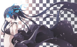 Rule 34 | 10s, 1girl, bikini, black hair, black rock shooter, black rock shooter (character), blue eyes, checkered background, coat, female focus, from side, glowing, glowing eyes, gradient background, highres, long hair, scar, solo, swimsuit, twintails, very long hair, yamanami kousuke