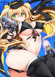 Rule 34 | 2girls, = =, aircraft, ass, azur lane, bikini, bikini top only, black bikini, black cape, black coat, black legwear, black shorts, blonde hair, blush, boots, breasts, cape, cleavage, coat, commentary request, covered erect nipples, cowboy hat, denim, denim shorts, detached sleeves, finger on trigger, food, front-tie bikini top, front-tie top, fruit, glint, green eyes, grey hair, groin, gun, handgun, hat, highres, holding, holding cape, holding clothes, holding food, holding fruit, holding weapon, hornet (azur lane), large breasts, looking at viewer, melon, midriff, multiple girls, navel, open mouth, parted hair, pistol, short shorts, shorts, sideboob, sidelocks, sky, sleeveless, swimsuit, tero tero, thigh boots, thighhighs, twintails, underboob, weapon, yorktown (azur lane)