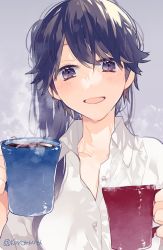 Rule 34 | 1girl, alternate costume, black eyes, black hair, coffee, commentary request, commission, cup, dress shirt, grey background, houshou (kancolle), kantai collection, karomura, long hair, looking at viewer, messy hair, mug, ponytail, shirt, simple background, skeb commission, solo, twitter username, upper body, white shirt
