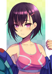Rule 34 | 1girl, absurdres, breasts, hair ornament, hairclip, hand up, highres, jacket, jacket partially removed, light blush, looking at viewer, medium breasts, mikazuki shizuka, parted lips, pillarboxed, pink sports bra, purple eyes, purple hair, short hair, silverchariotx, simple background, solo, sports bra, upper body, zom 100: zombie ni naru made ni shitai 100 no koto