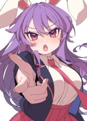 Rule 34 | 1girl, absurdres, animal ears, black jacket, blazer, blush, breasts, collared shirt, e sdss, finger gun, fingernails, hair between eyes, highres, jacket, large breasts, long hair, looking at viewer, necktie, open clothes, open jacket, open mouth, pleated skirt, purple hair, rabbit ears, red eyes, red necktie, red skirt, reisen udongein inaba, shirt, simple background, skirt, solo, touhou, upper body, white background, white shirt