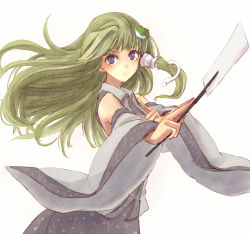 Rule 34 | 1girl, blue eyes, detached sleeves, female focus, frog hair ornament, gohei, green eyes, green hair, hair ornament, hair tubes, kochiya sanae, kuronuko neero, long hair, long sleeves, looking at viewer, matching hair/eyes, oonusa, shirt, simple background, skirt, skirt set, snake hair ornament, solo, touhou, white background, wide sleeves