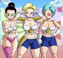 Rule 34 | 3girls, abs, android 18, armor, artist logo, artist name, asymmetrical legwear, bare shoulders, black eyes, black hair, blonde hair, blue eyes, blue hair, breasts, bulma, chi-chi (dragon ball), cleavage, collarbone, dragon ball, dragon ball super, dragonball z, earrings, female focus, flexing, franfuentesart2, gloves, green-tinted eyewear, grin, highres, jewelry, looking at another, looking at viewer, multiple girls, navel, purple-tinted eyewear, red-tinted eyewear, saiyan armor, scouter, short hair, shorts, sky, smile, tagme, thighs, tinted eyewear, white gloves