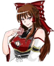 Rule 34 | 1girl, adapted costume, bad id, bad pixiv id, bare shoulders, blush, bow, breasts, brown hair, cleavage, cleavage cutout, clothing cutout, condom, cosplay, detached sleeves, female focus, hair bow, hair tubes, hakurei miko (cosplay), hakurei reimu, halterneck, holding, holding condom, large breasts, long hair, m.u.g.e.n, nontraditional miko, original, sekitaku, sendai hakurei no miko, sendai hakurei no miko (cosplay), sideboob, sidelocks, solo, touhou