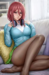 Rule 34 | 1girl, black pantyhose, blue cardigan, blue eyes, blue sweater, blush, breasts, brown hair, cardigan, closed mouth, collarbone, commentary, couch, curtains, english commentary, feet, foot out of frame, go-toubun no hanayome, green skirt, hair between eyes, headphones, headphones around neck, highres, large breasts, legs, long hair, looking at viewer, miniskirt, nakano miku, no shoes, nose, pantyhose, pillow, pout, revision, sciamano240, shelf, shirt, sitting, skirt, solo, sweater, thighs, toes, white shirt, window