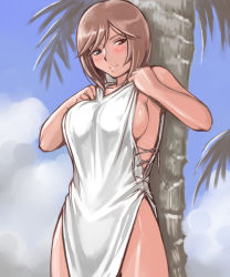 Rule 34 | 00s, 1girl, beach, breasts, brown hair, cleavage, day, dress, heterochromia, large breasts, aged up, palm tree, rozen maiden, short hair, side slit, sideboob, solo, souseiseki, tree, tsuda nanafushi