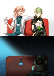 Rule 34 | 2boys, ^ ^, adarin, ahoge, badge, before and after, closed eyes, comic, couch, dark, david (fate), depressed, fate/grand order, fate (series), father and son, gradient background, green hair, hair between eyes, highres, male focus, multiple boys, orange hair, ponytail, reading, romani archaman, spoilers