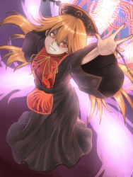 Rule 34 | 1girl, animal print, black dress, blonde hair, chinese clothes, dress, energy, fox tail, from above, full body, gradient background, grin, hat, highres, junko (touhou), long hair, long sleeves, looking at viewer, looking up, magic circle, multiple tails, obi, open hand, outstretched hand, purple background, reaching, red eyes, ribbon, sash, smile, solo, surume (kvpsurume), tabard, tail, touhou, wide sleeves
