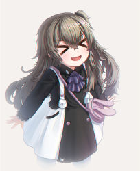 Rule 34 | &gt; &lt;, 1girl, :d, absurdres, aged down, animal bag, ascot, bag, black dress, brown hair, closed eyes, collared dress, cropped legs, dress, facing viewer, fangs, girls&#039; frontline, grey background, hair between eyes, highres, long hair, long sleeves, official alternate costume, one side up, open mouth, pantyhose, purple ascot, shoulder bag, simple background, sleeves past wrists, smile, solo, stratosphere (coom1017), ump45 (agent lop rabbit) (girls&#039; frontline), ump45 (girls&#039; frontline), very long hair, white pantyhose, xd