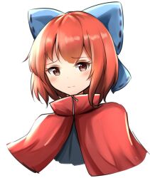 Rule 34 | 1girl, blue bow, bow, cloak, closed mouth, commentary, cropped torso, hair bow, kuneamorai, looking at viewer, red eyes, red hair, sekibanki, short hair, simple background, solo, touhou, white background