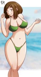 Rule 34 | 1girl, alternate breast size, armpits, artist name, bare shoulders, beach, bikini, blush stickers, boku no hero academia, border, breasts, brown eyes, brown hair, cleavage, clenched hands, closed mouth, cloud, collarbone, crossed legs, day, deviantart username, eyebrows, eyelashes, female focus, fingernails, green bikini, hand up, happy, highres, large breasts, legs, legs together, looking at viewer, medium hair, midriff, navel, neck, ocean, outdoors, outstretched arms, pollo1567, shiny skin, side bangs, sidelocks, sky, smile, spread arms, standing, summer, swimsuit, thick thighs, thighs, thighs together, thong bikini, uraraka ochako, white border
