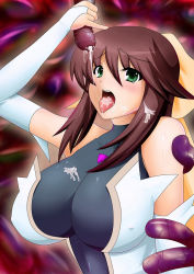 Rule 34 | blush, breasts, brown hair, cum, green eyes, hassen (8cm), large breasts, tentacles, tongue