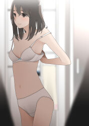Rule 34 | 1girl, adjusting clothes, arms behind back, bathroom, blurry, blurry background, blurry foreground, bra, breasts, brown eyes, brown hair, closed mouth, collarbone, commentary, cowboy shot, depth of field, expressionless, hair between eyes, highres, indoors, looking ahead, medium hair, navel, original, panties, pen-racket, small breasts, solo, standing, towel, underwear, underwear only, undressing, white bra, white panties