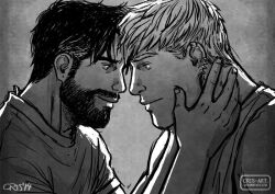 Rule 34 | 2boys, aged up, bara, beard, black hair, blonde hair, couple, cris art, earrings, eye contact, facial hair, forehead-to-forehead, greyscale, hand on another&#039;s chest, happy, heads together, hulkling, jewelry, looking at another, male focus, marvel, mature male, monochrome, multiple boys, muscular, muscular male, mustache, shirt, short hair, smile, thick eyebrows, upper body, wiccan, yaoi