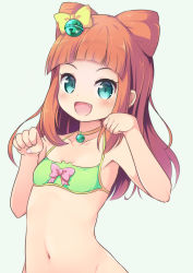 Rule 34 | 1girl, :d, aikatsu! (series), aikatsu stars!, bare arms, bare shoulders, bell, bikini, blue eyes, blush, bow, breasts, brown hair, choker, collarbone, commentary request, cone hair bun, fang, fingernails, green background, green bikini, groin, hair bell, hair bow, hair bun, hair ornament, halterneck, hands up, highres, jingle bell, long hair, navel, nekono rin, open mouth, paw pose, saotome ako, simple background, small breasts, smile, solo, swimsuit, v-shaped eyebrows, yellow bow, yellow choker