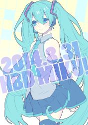 Rule 34 | 10s, 1girl, 2014, ayune, bad id, bad pixiv id, dated, detached sleeves, green eyes, green hair, gyumo, happy birthday, hatsune miku, headset, long hair, matching hair/eyes, necktie, skirt, smile, solo, thighhighs, twintails, very long hair, vocaloid