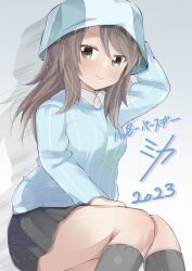 Rule 34 | 1girl, 2023, arm up, blue hat, blue shirt, brown eyes, brown hair, character name, closed mouth, commentary, dress shirt, girls und panzer, grey skirt, grey socks, hand on lap, hand on own head, happy birthday, hat, highres, invisible chair, keizoku school uniform, kneehighs, long hair, long sleeves, looking at viewer, mika (girls und panzer), miniskirt, oyatsu (1727318), pleated skirt, school uniform, shadow, shirt, sitting, skirt, smile, socks, solo, striped clothes, striped shirt, translated, tulip hat, vertical-striped clothes, vertical-striped shirt, white shirt, wing collar
