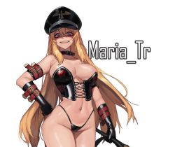 Rule 34 | 1girl, armlet, black gloves, blonde hair, blue eyes, breasts, buckle, bustier, choker, commission, dungeon and fighter, evil grin, evil smile, eyeliner, female gunner (dungeon and fighter), gloves, grin, hand on own hip, hat, highres, lace, large breasts, long hair, makeup, maria tr, military hat, peaked cap, smile, solo, thong, tunamayo (dsasd751), very long hair, whip