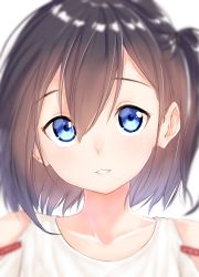 Rule 34 | 1girl, bare shoulders, blue eyes, blurry, blurry background, blush, brown hair, collarbone, commentary request, depth of field, hair between eyes, head tilt, highres, looking at viewer, one side up, original, parted lips, portrait, shirt, simple background, smile, solo, suzunari shizuku, tank top, white background, white shirt, yuki arare