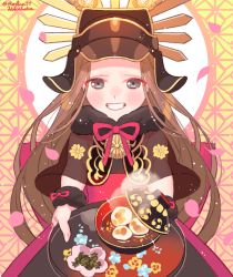 Rule 34 | 1girl, bow, bowl, bowtie, brown hair, chacha (fate), fate/grand order, fate (series), feet out of frame, flower, food, hat, helmet, holding, holding food, japanese clothes, long hair, looking at viewer, open mouth, petals, plate, sara (kurome1127), smile, soup, upper body