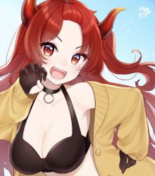 Rule 34 | 1girl, asymmetrical hair, black bra, black choker, black gloves, blue sky, blush, bra, breasts, cardigan, choker, claw pose, cleavage, commentary, day, dola (nijisanji), dragon horns, earrings, fangs, fingerless gloves, forehead, gloves, hand on own hip, heart, heart earrings, highres, horns, jewelry, leaning forward, long hair, looking at viewer, medium breasts, mizuiro 32, nijisanji, open cardigan, open clothes, open mouth, outdoors, red eyes, red hair, side ponytail, signature, sky, smile, solo, sticker, underwear, upper body, virtual youtuber, yellow cardigan