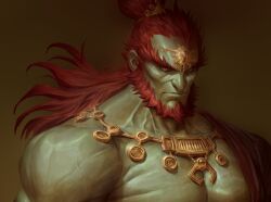 Rule 34 | 1boy, brown background, closed mouth, collarbone, dave rapoza, ganondorf, gradient background, hair bun, highres, jewelry, looking at viewer, muscular, muscular male, necklace, nintendo, ponytail, red hair, serious, shiny skin, single hair bun, solo, the legend of zelda, upper body