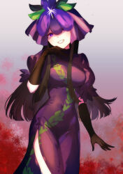 Rule 34 | 1girl, black gloves, black hair, breasts, china dress, chinese clothes, covered eyes, covered navel, dress, elbow gloves, flower, flower on head, gloves, grin, highres, leaf print, long hair, mandarin collar, medium breasts, pelvic curtain, purple dress, purple eyes, purple flower, side slit, sidelocks, smile, solo, tang ben huan dou, touhou, unfinished dream of all living ghost, very long hair, vine print, yomotsu hisami