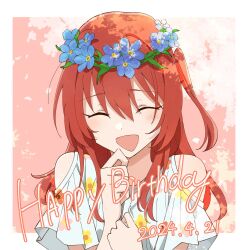 Rule 34 | 1girl, :d, ^ ^, blue flower, bocchi the rock!, closed eyes, clothing cutout, dated, facing viewer, floral print, flower, flower wreath, happy birthday, head wreath, highres, kanaria hisagi, kita ikuyo, long hair, one side up, open mouth, outside border, red hair, shirt, short sleeves, shoulder cutout, smile, solo, upper body, white shirt
