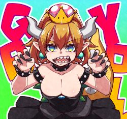 Rule 34 | 1girl, armlet, text background, bare arms, bare shoulders, black collar, black dress, black nails, blonde hair, blue eyes, blue gemstone, blush, borrowed design, bowsette, bracelet, breasts, brooch, claw pose, cleavage, collar, collarbone, commentary request, constricted pupils, crown, dress, earrings, eyelashes, eyes visible through hair, fingernails, forked eyebrows, gem, green background, grey horns, hands up, high ponytail, highres, horns, jewelry, large breasts, light blush, long fingernails, long hair, looking at viewer, mario (series), multicolored eyes, nail polish, new super mario bros. u deluxe, nintendo, open mouth, outline, parted bangs, pointy ears, princess, rom (kochirasama), sharp fingernails, sharp teeth, solo, spiked armlet, spiked bracelet, spiked collar, spiked shell, spiked tail, spikes, strapless, strapless dress, super crown, tail, tail raised, teeth, thick eyebrows, tsurime, turtle shell, upper body, very long fingernails, white outline