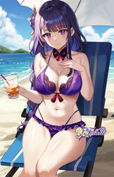 Rule 34 | 1girl, bare arms, bare shoulders, beach umbrella, blue sky, breasts, cloud, commentary, cup, day, detached collar, drinking glass, feet out of frame, felielle, genshin impact, holding, holding cup, large breasts, long braid, long hair, looking at viewer, navel, ocean, purple eyes, purple hair, raiden shogun, sitting, sky, smile, solo, stomach, thighs, umbrella, very long hair, water, white umbrella