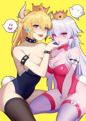 Rule 34 | &gt;:o, 2girls, :d, :o, absurdres, adapted costume, ahoge, alternate costume, arm garter, armlet, between legs, black legwear, black leotard, blue eyes, blush, blush stickers, boo (mario), bow, bowsette, bowtie, bracelet, breasts, chinese commentary, cleavage, closed mouth, collar, collarbone, covered navel, crown, earrings, eyeshadow, fake tail, fangs, female focus, finger to own chin, fishnet legwear, fishnets, ghost, grey horns, grey legwear, grimace, hair between eyes, hand between legs, hand on another&#039;s chin, hand on own chest, hand up, highleg, highleg leotard, highres, horns, jewelry, large breasts, leotard, long hair, looking at viewer, luigi&#039;s mansion, makeup, mario (series), monster girl, multiple girls, neck, new super mario bros. u deluxe, nintendo, open mouth, pink bow, pink eyes, pink leotard, pink neckwear, playboy bunny, pointy ears, ponytail, princess king boo, rabbit tail, seiza, serious, sharp teeth, shi ling yu, simple background, sitting, smile, spiked armlet, spiked bracelet, spiked collar, spikes, strapless, strapless leotard, super crown, tail, teeth, thick eyebrows, thighhighs, thighs, upper teeth only, v-shaped eyebrows, very long hair, white hair, wrist cuffs, yellow background, yuri
