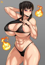 Rule 34 | 1girl, abs, absurdres, areola slip, arm behind head, arm up, artist name, bare shoulders, bikini, black bikini, black tank top, breasts, cameltoe, cleft of venus, closed mouth, clothes lift, collarbone, commentary, en&#039;en no shouboutai, eyelashes, fire, grey background, groin, highleg, highleg bikini, highres, huge breasts, jmg, looking at viewer, maki oze, muscular, muscular female, navel, ponytail, purple eyes, shirt lift, simple background, swimsuit, tank top, thick thighs, thighs, underboob
