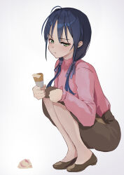 Rule 34 | 1girl, blue hair, brown footwear, brown skirt, closed mouth, food, full body, green eyes, highres, holding, holding food, ice cream, kantai collection, long hair, official alternate costume, pink shirt, pout, shirt, shoes, simple background, skirt, solo, suzukaze (kancolle), white background, yuu+