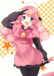 Rule 34 | 1girl, :d, absurdres, ahoge, animal ears, arm up, bell, black gloves, black shirt, blue eyes, blush, bow, bowtie, breasts, checkered background, collared shirt, commentary request, cowboy shot, curly hair, dress, drumsticks, frilled dress, frills, gloves, hair ornament, hand up, highres, holding, holding drumsticks, horns, layered sleeves, long hair, long sleeves, looking at viewer, medium breasts, moa (show by rock!!), open mouth, pantyhose, pink bow, pink bowtie, pink hair, puffy short sleeves, puffy sleeves, ralfi (syakeakabeko), salute, sheep ears, sheep girl, sheep horns, shirt, short over long sleeves, short sleeves, show by rock!!, simple background, smile, solo, star (symbol), star hair ornament, two-tone background