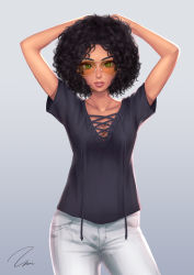 Rule 34 | 1girl, afro, arms up, aviator sunglasses, black hair, black shirt, breasts, cleavage, collarbone, commission, contrapposto, cowboy shot, cross-laced clothes, curly hair, dark skin, dark-skinned female, drawstring, expressionless, glasses, green eyes, grey background, grey pants, hands on own head, lipstick, looking at viewer, makeup, mascara, medium breasts, nose, orange-tinted eyewear, orange-tinted glasses, original, pants, parted lips, pink lips, shirt, short hair, short sleeves, signature, simple background, solo, standing, sunglasses, tinted eyewear, umigraphics, yellow-framed eyewear