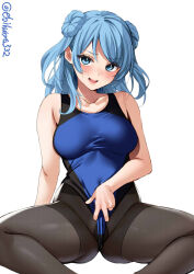 Rule 34 | 1girl, ass, bare shoulders, black pantyhose, blue eyes, blue hair, blue one-piece swimsuit, blush, breasts, collarbone, competition swimsuit, covered navel, cropped legs, double bun, ebifurya, frontal wedgie, gluteal fold, hair between eyes, hair bun, highres, kantai collection, large breasts, looking at viewer, one-hour drawing challenge, one-piece swimsuit, open mouth, pantyhose, pantyhose under swimsuit, simple background, smile, solo, spread legs, swimsuit, thighband pantyhose, thighs, twitter username, urakaze (kancolle), wedgie, white background