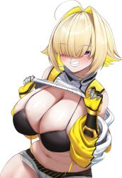 Rule 34 | 1girl, ahoge, bikini, bikini top only, black bikini, black gloves, blonde hair, blush, breasts, cleavage, clothes lift, clothing cutout, cropped sweater, elegg (nikke), exposed pocket, gloves, goddess of victory: nikke, grey shorts, grin, hair intakes, hair over eyes, highres, huge breasts, long bangs, long sleeves, looking at viewer, micro shorts, mikkom, multicolored clothes, multicolored gloves, multicolored hair, navel, purple eyes, short hair, shorts, shoulder cutout, simple background, smile, solo, suspender shorts, suspenders, swimsuit, two-tone hair, white background, yellow gloves