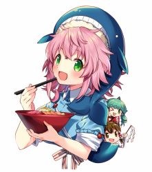 Rule 34 | 3girls, ahoge, arm up, belt, blue headwear, blue shirt, blush, bow, bowl, breasts, brown eyes, brown hair, buttons, collared shirt, commentary request, fish, fish (food), food, frills, gohei, green eyes, green hair, hair between eyes, hair ornament, hair tubes, hakurei reimu, hand up, hands up, hat, horns, kapuchii, komano aunn, long hair, long sleeves, looking at viewer, medium breasts, multiple girls, okunoda miyoi, one eye closed, open mouth, pink hair, puffy short sleeves, puffy sleeves, red bow, red shirt, shirt, short hair, short sleeves, simple background, smile, stick, striped, striped belt, striped bow, touhou, upper body, whale hat, white background, white belt, white bow, wide sleeves