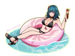 1girl bikini black_bikini blue_eyes blue_hair breasts byleth_(female)_(fire_emblem) byleth_(female)_(summer)_(fire_emblem) byleth_(fire_emblem) commentary fire_emblem fire_emblem:_three_houses floating flower food full_body hair_flower hair_ornament halterneck highres holding holding_food holding_ice_cream ice_cream navel nintendo on_innertube red_flower rein_creamsoda solo swimsuit water