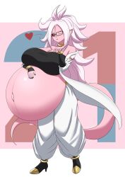 Rule 34 | 1girl, android 21, big belly, black sclera, blowing kiss, bracelet, breasts, cleavage, colored sclera, colored skin, detached sleeves, dragon ball, dragon ball fighterz, ear piercing, female focus, full body, glasses, harem pants, heart, highres, huge belly, huge breasts, jewelry, kaku-c aji, lab coat, long hair, looking at viewer, majin android 21, nail polish, navel, one eye closed, pants, piercing, pink skin, pointy ears, pregnant, red eyes, solo, strapless, tail, tube top, white hair, wink