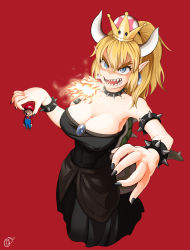 Rule 34 | abs, absurdres, armlet, black dress, blonde hair, blue eyes, bowsette, bracelet, breasts, breath weapon, breathing fire, cleavage, collar, covered erect nipples, crown, dress, earrings, fingernails, fire, hat, highres, horns, jewelry, karikari ume, koopa shell, large breasts, lizard tail, mario, mario (series), nail polish, navel, new super mario bros. u deluxe, nintendo, overalls, pointy ears, ponytail, red background, sharp fingernails, sharp teeth, spiked armlet, spiked bracelet, spiked collar, spiked shell, spiked tail, spikes, super crown, sweat, tail, teeth